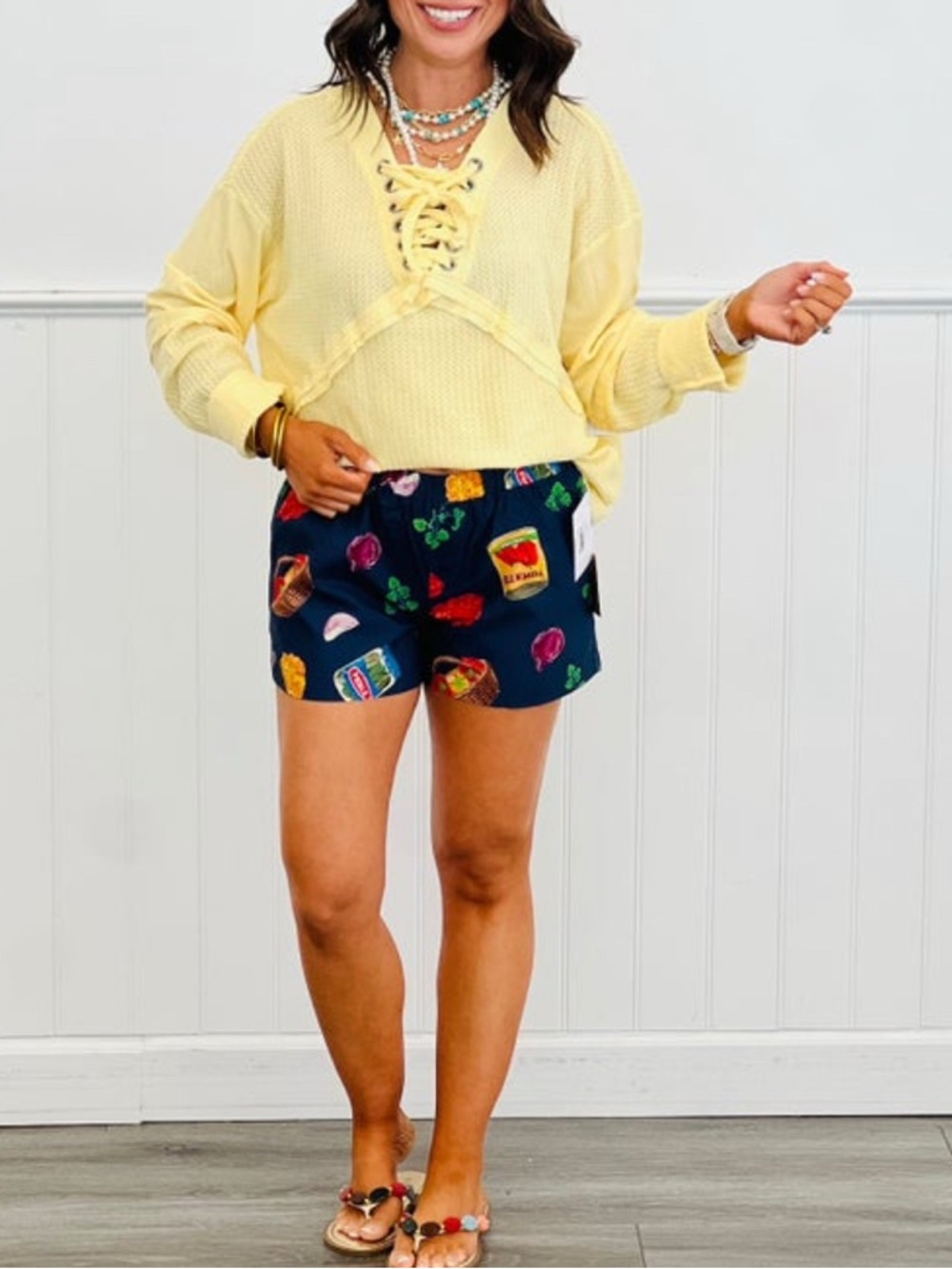 Listicle Pale Yellow Knit Top with Lace V-Neck